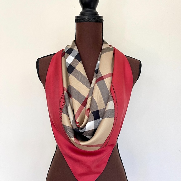 Display # 1 Burberry Scarf House Check Beige Red Border Logo Silk Wrap - Picture 13 of 16